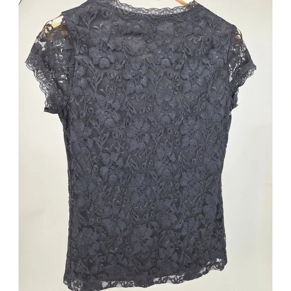 Maurices Lace Top Women Size Large Black Cap Sleeve Sheer Lace Overlay Romantic - Picture 6 of 8